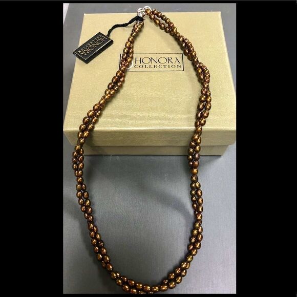 NWTS! Honora Double Strand Brown Pearl Necklace Sterling Silver 925 pouch & box - Picture 2 of 2